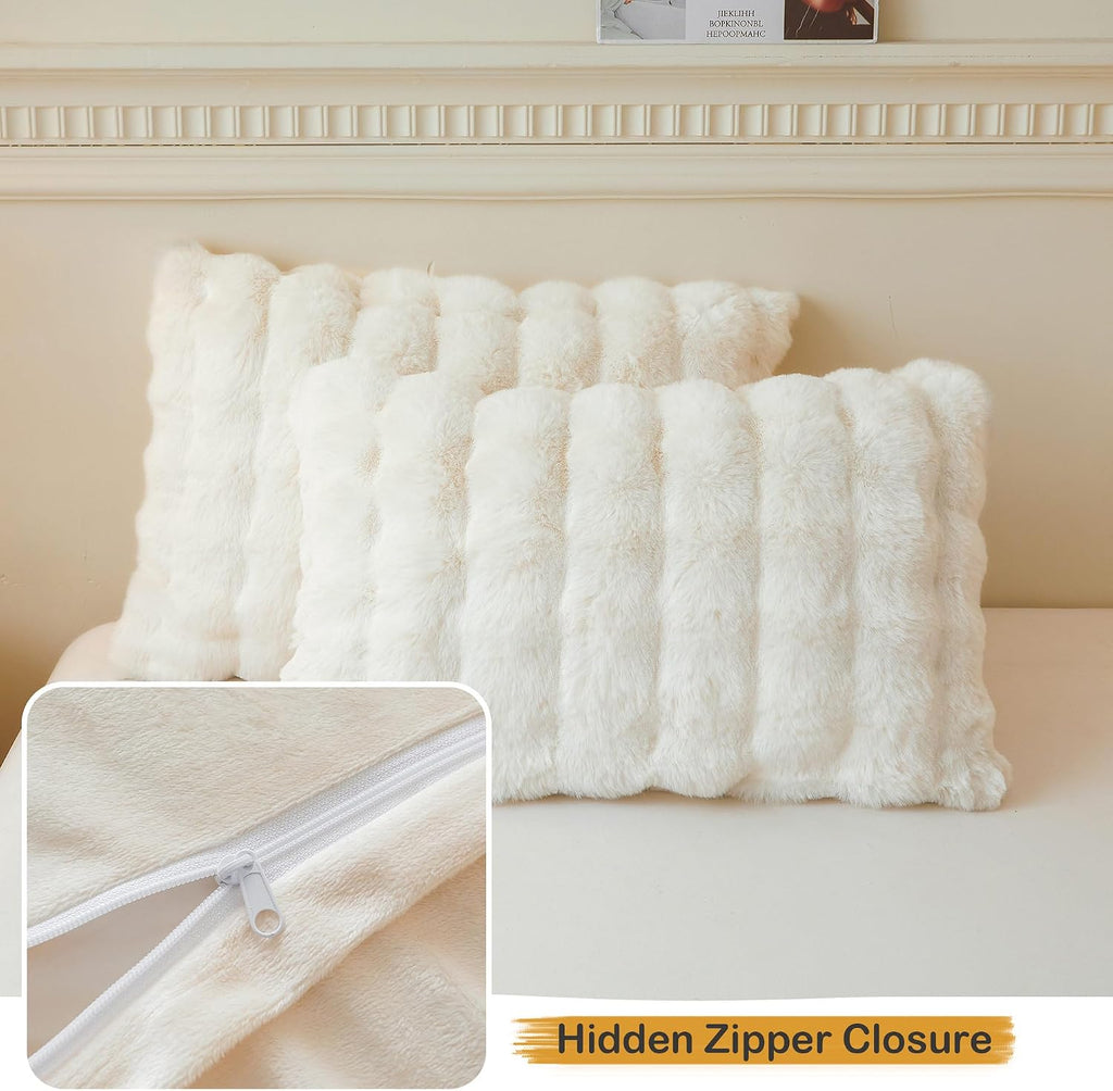 LIFEREVO 2 Pack Fluffy Faux Rabbit Fur Standard Pillow Cases, Beige