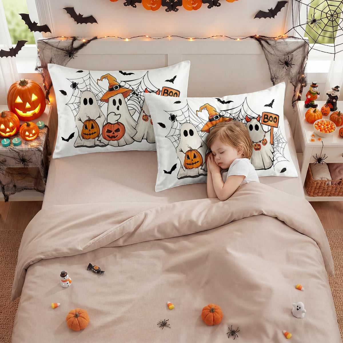 Horaldaily Halloween Ghost Spiderweb Standard Size Satin Pillowcases 2PCS