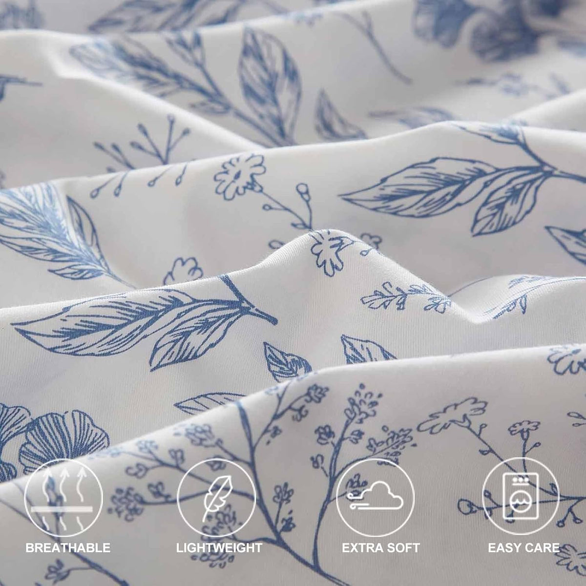 Faincy Floral King Size Comforter Set, Blue and White Flower Pattern Printed Reversible Alternative Bedding Sets - 104 x 90 3PC Soft Microfiber Duvet Farmhouse Vintage Bed in a Bag for Women