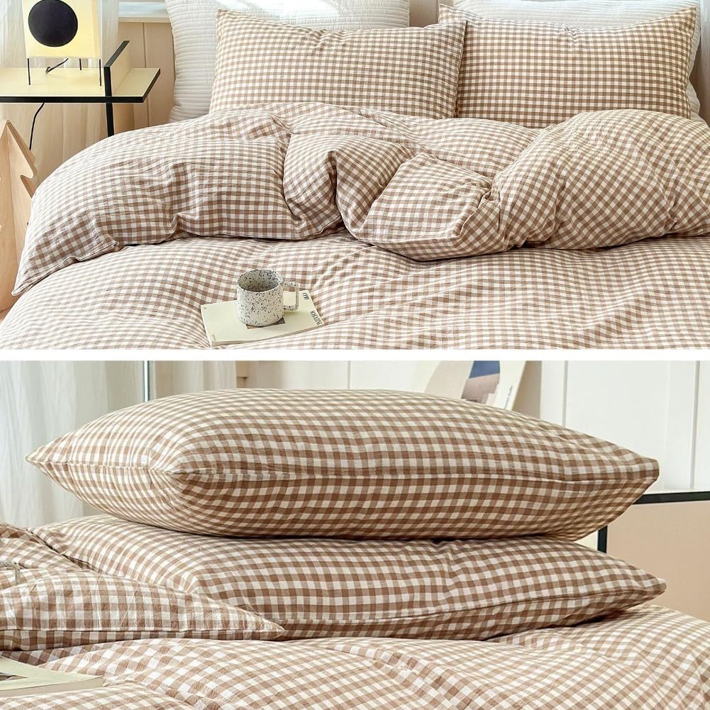 Tan Gingham Pillowcases Set Farmhouse Standard Size Pillow Shams Buffalo Taupe Plaid Pillowcases Set of 2, Grid Checkered Gingham Washed Cotton Pillow Covers with Envelope Closure, 20"×26"