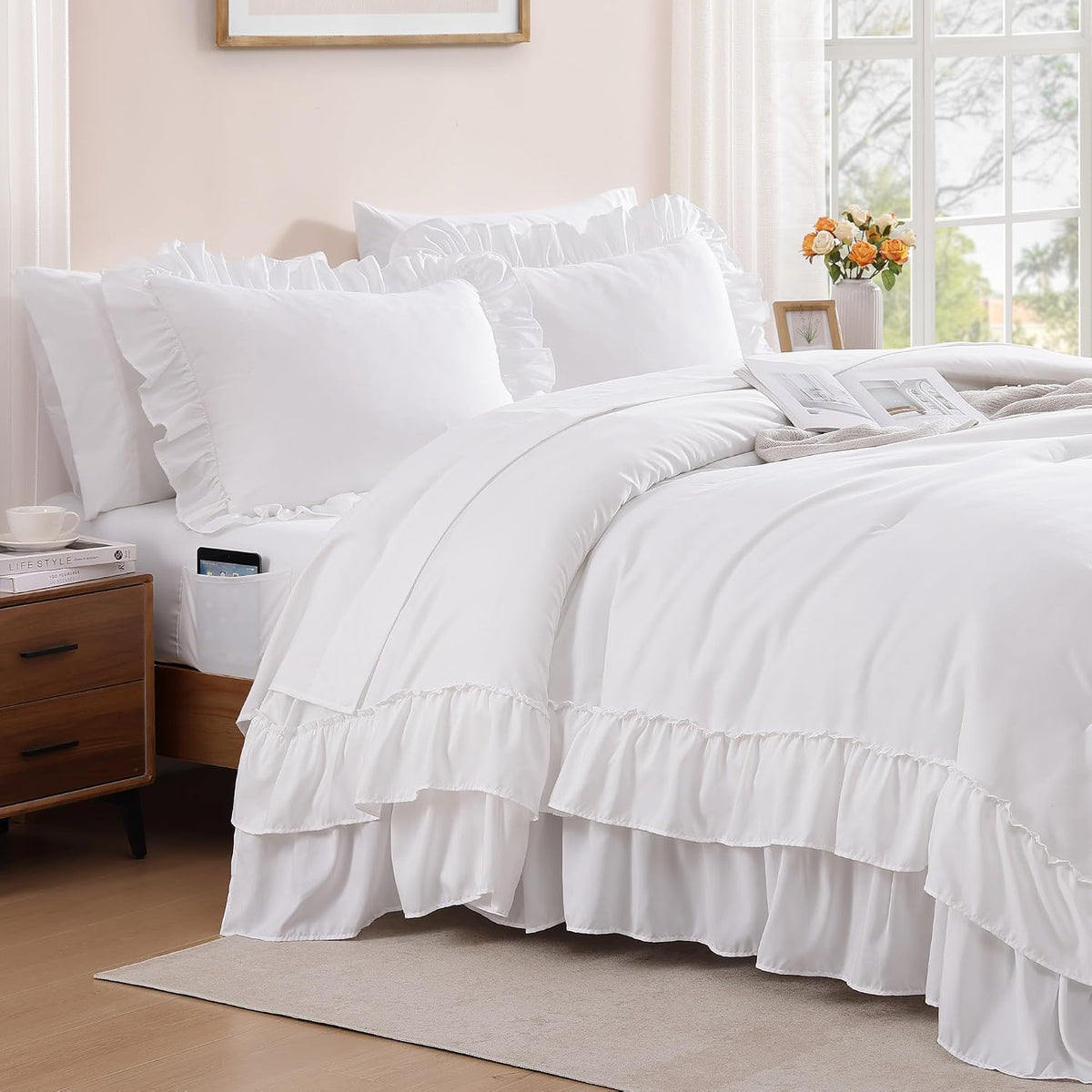 AMBERSPACE Queen Comforter Set White Ruffle 7 Pieces Farmhouse Bed in a Bag