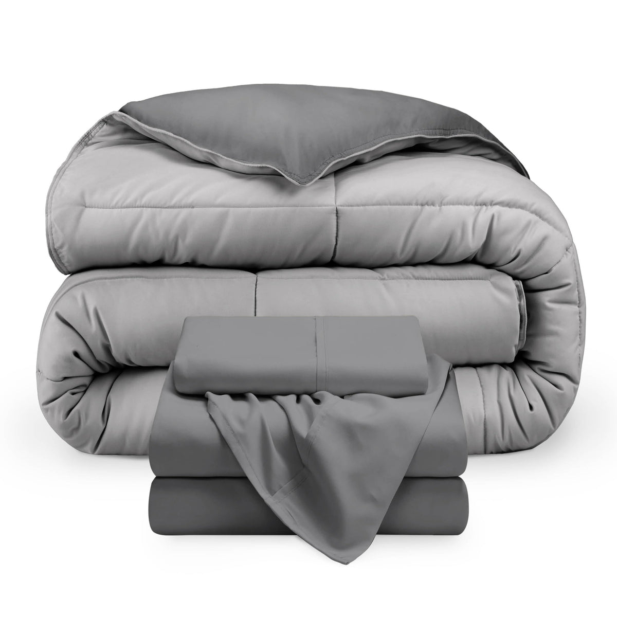 Bare Home Reversible Bed-in-A-Bag Comforter & Sheet Set - Queen - Down Alternative - Soft - Bedding Set (Queen, Light Grey/Grey)