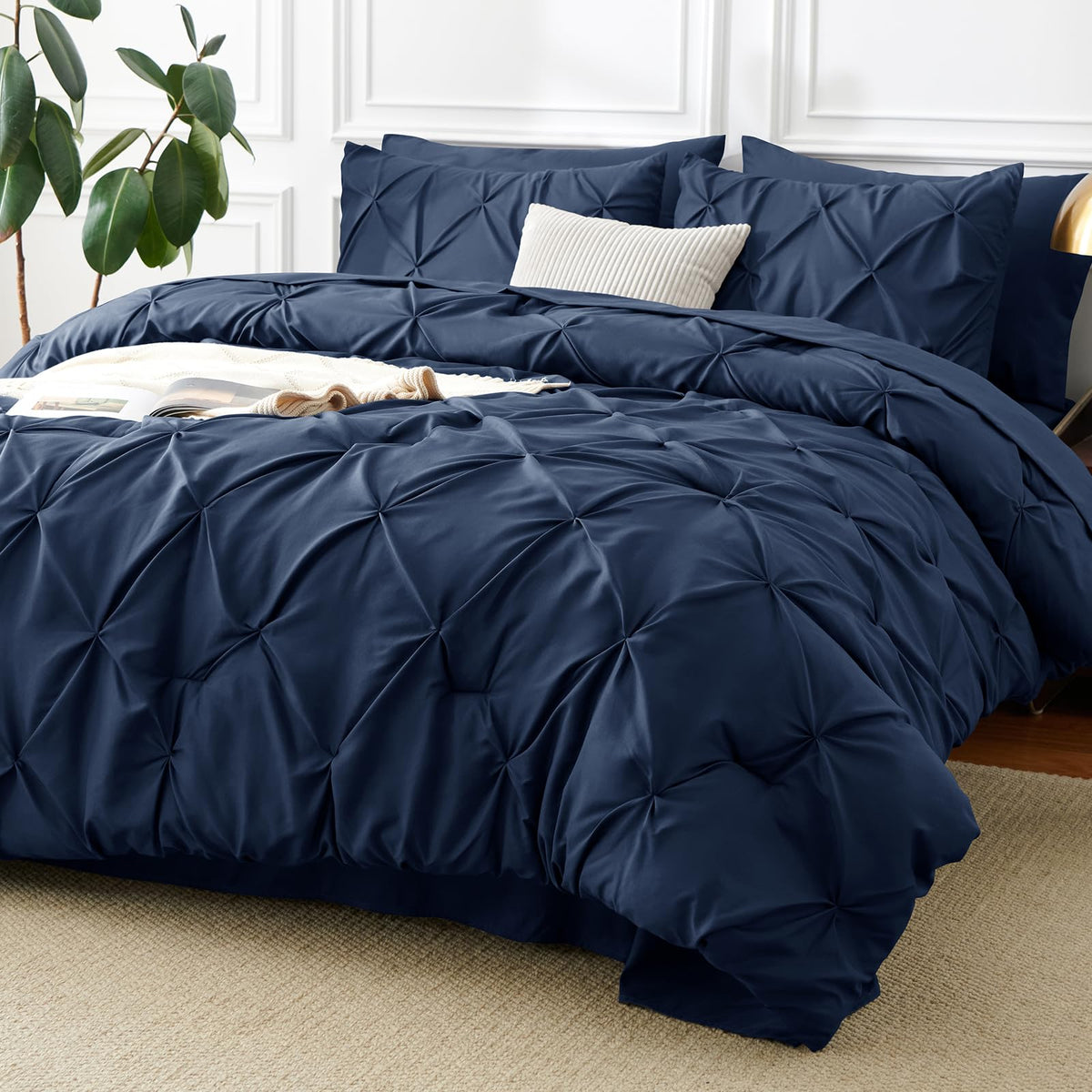 CozyLux Queen Comforter Set Black, 7 Pieces Pintuck Bed in a Bag