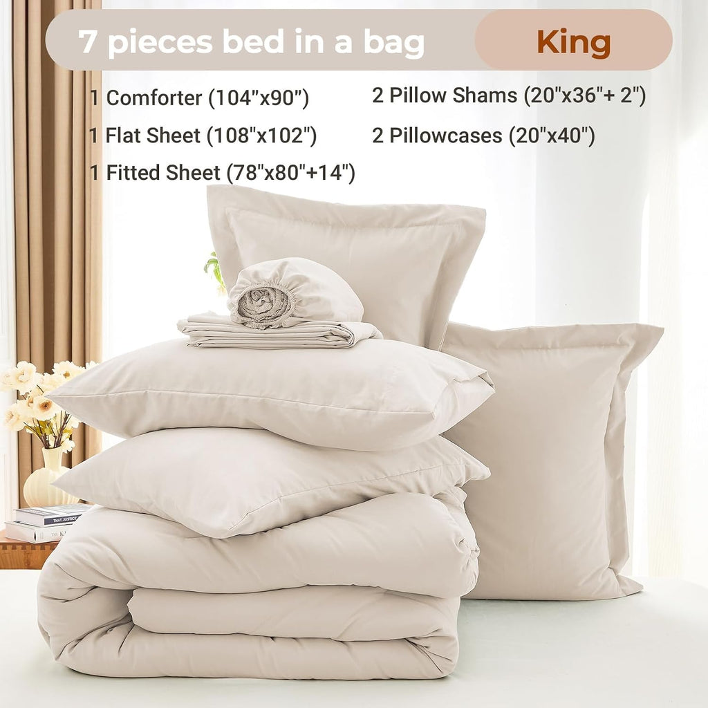 MUXHOMO King Comforter Set 7 Pieces, Soft Bed in a Bag, Beige