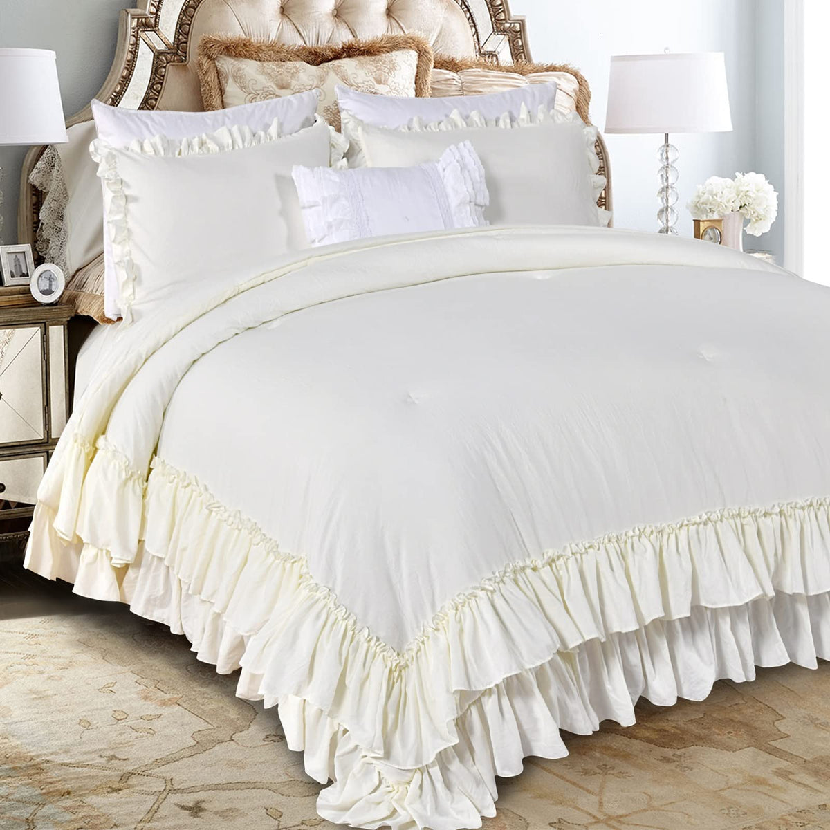 QSH Queen's House Light Blue Farmhouse Ruffled King Size Comforter Set,Lightweight Microfiber Inner Fill Fluffy Boho Chic Bedding Comforter,Ultra Soft Microfiber Inner Fill Bedding