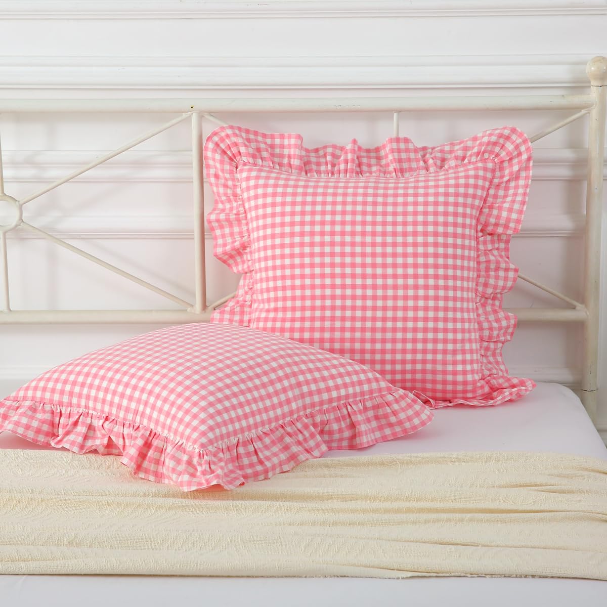 Mywinlle Taupe Plaid Gingham Ruffle Decorative Throw Pillow Covers 18"x18"