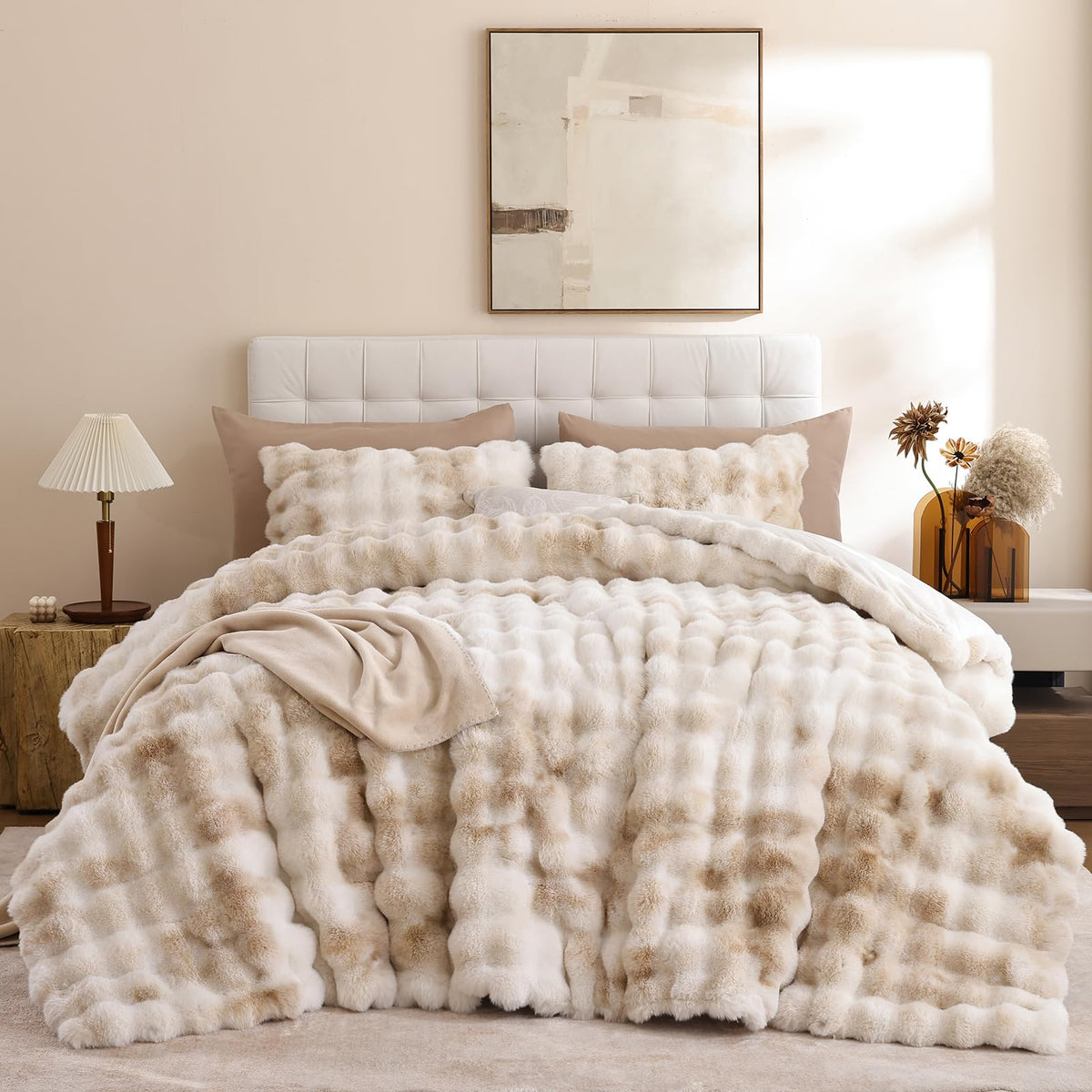 YIKUSH Queen Faux Fur Soft Comforter Set, Fluffy Linen Rabbit Fur Comforter