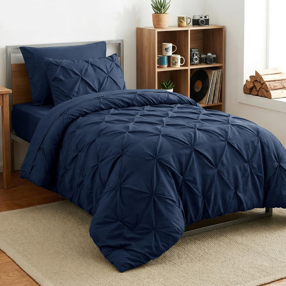 HIMEET Queen Comforter Set Black - 7 Pieces Pintuck Bed in a Bag