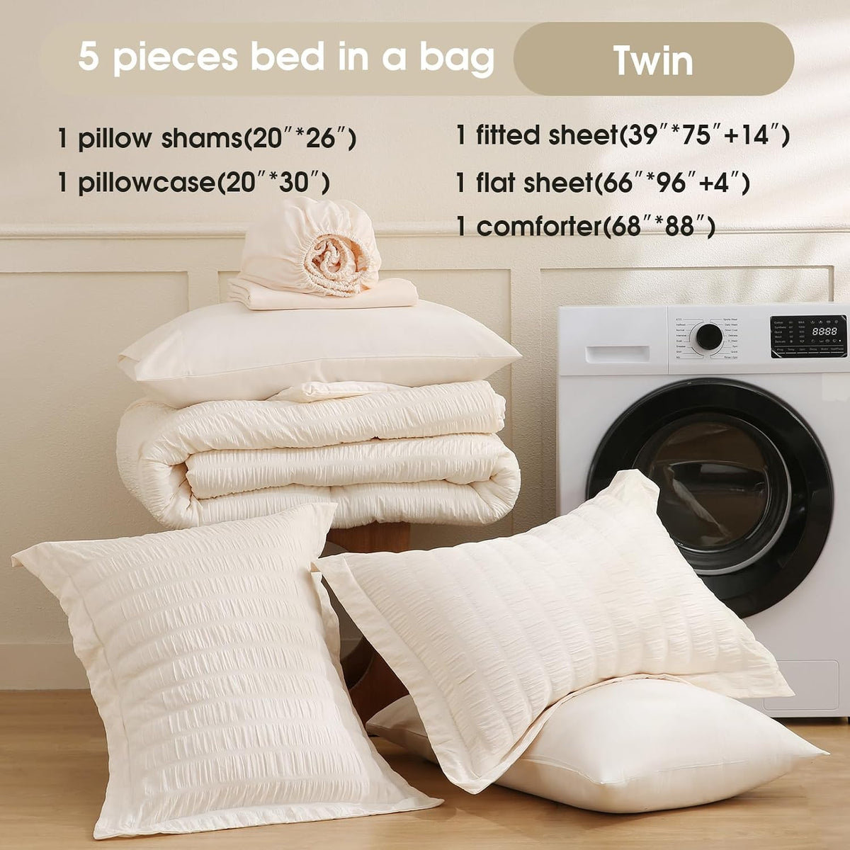 FreshCulture Twin Size Comforter Set Seersucker 5 Pieces, All Season Bedding Set Twin, Soft Bed in a Bag Comforter Set with Comforter, Flat Sheet, Fitted Sheet, Pillowcase and Pillow Sham, Cream