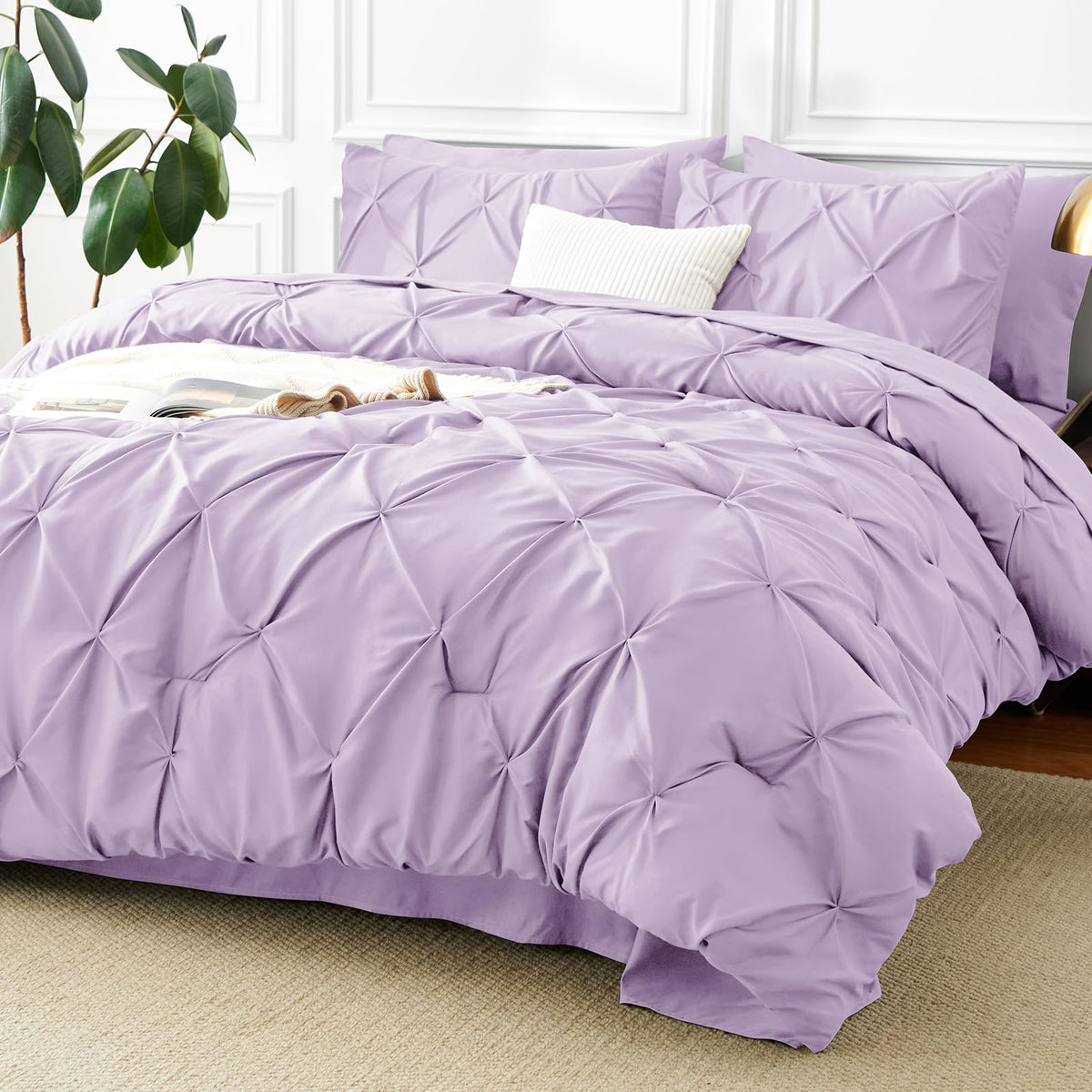 CozyLux Queen Comforter Set Black, 7 Pieces Pintuck Bed in a Bag
