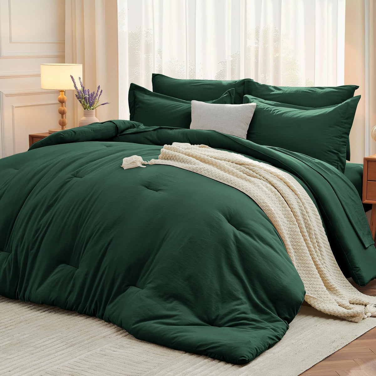 MUXHOMO King Comforter Set 7 Pieces, Soft Bed in a Bag, Beige