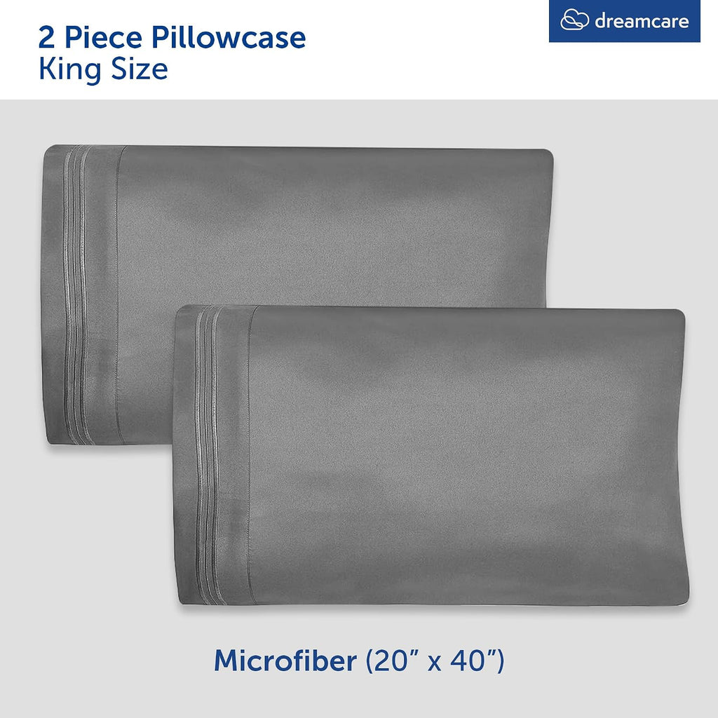 Dreamcare King Pillow Cases Set of 2 - Double Brushed 1500 Luxury Series Microfiber - Envelope Closure, Wrinkle- Free, Cooling Pillow Cases - King Size Pillow Cases Set of 2 (20 x 40, Gray)
