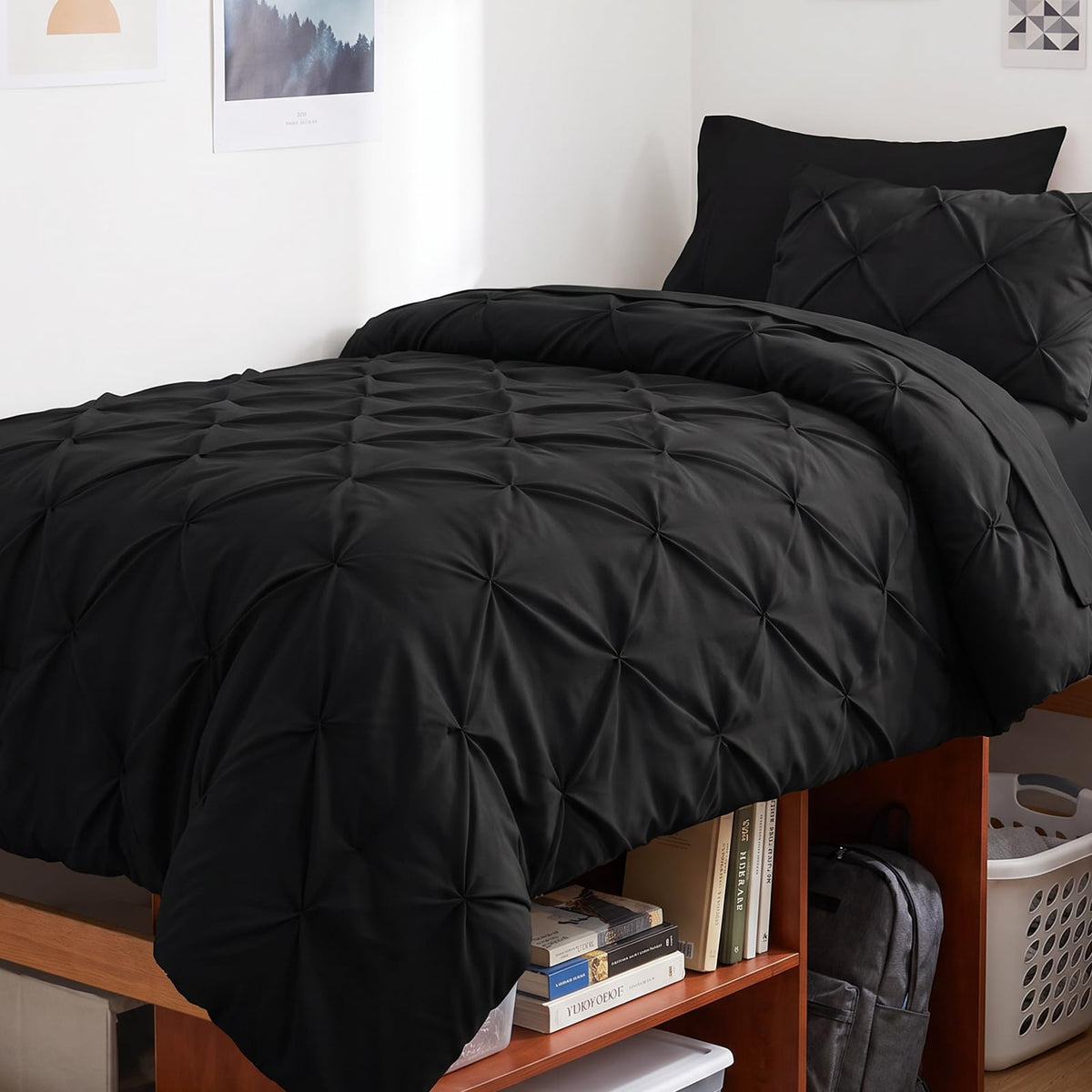 CozyLux Queen Comforter Set Black, 7 Pieces Pintuck Bed in a Bag
