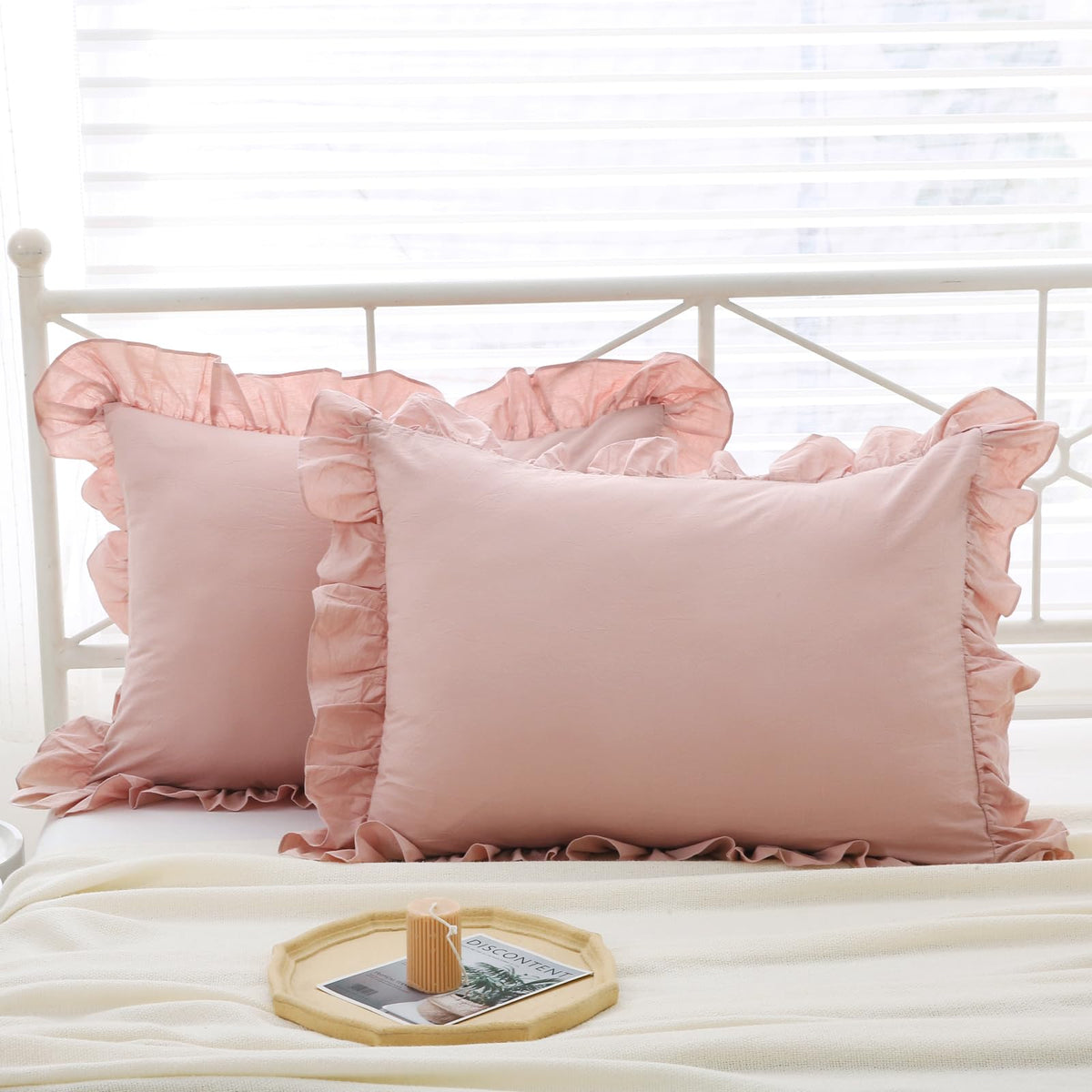 Mywinlle Taupe Plaid Gingham Ruffle Decorative Throw Pillow Covers 18"x18"