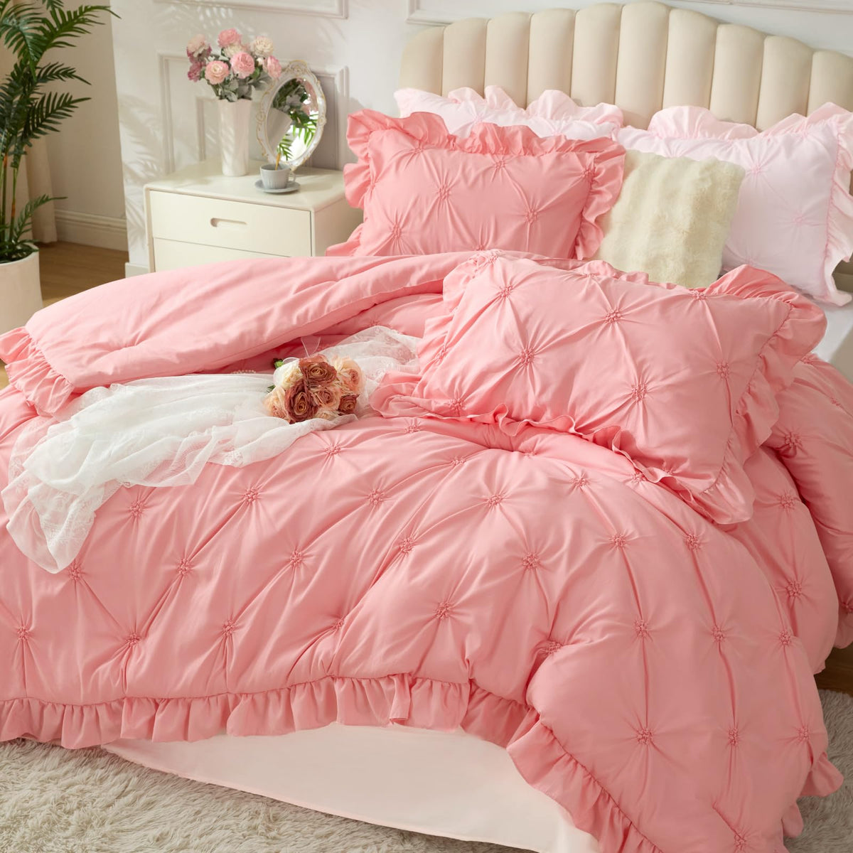 BEDELITE King Comforter Set Striped-Blush Pink,Fluffy & Soft Comforter
