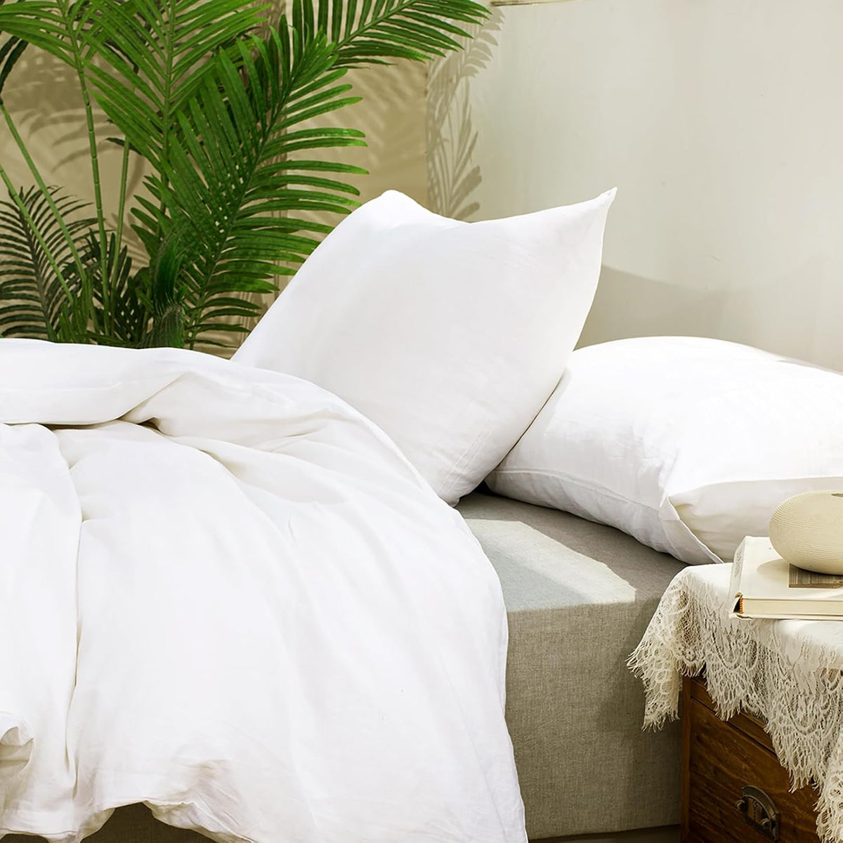 TUMEI 100% Linen King Pillow Cases Set of 2 (20"x36"), White Natural Linen