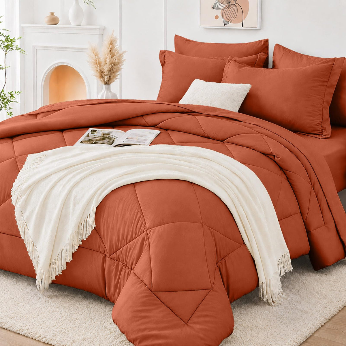 FUANNA Full Size Comforter Sets 7 PCS, Navy Blue Bed Set, Soft Bed in a Bag