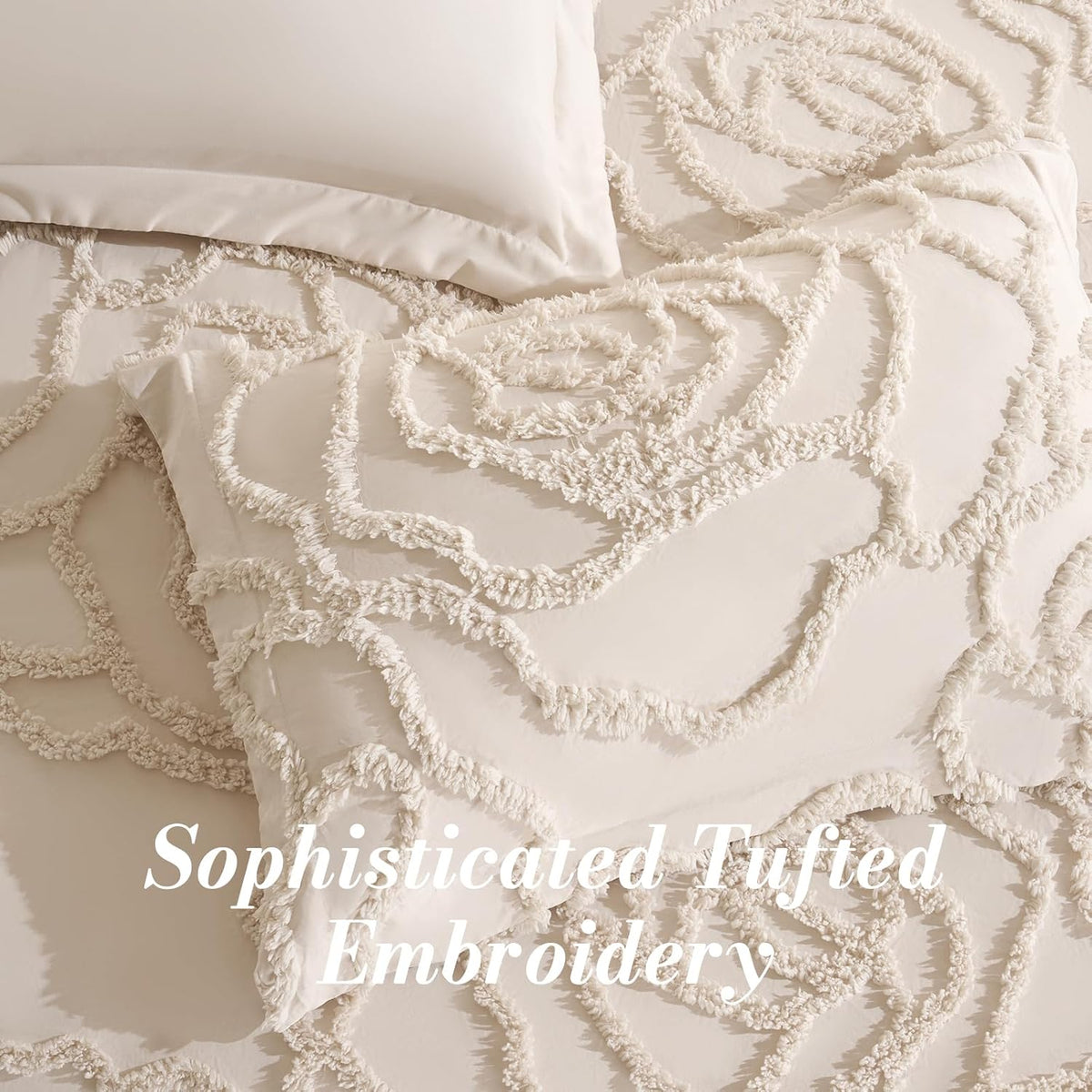 7 Pieces Comforter Set Queen Khaki Tufted Rose Soft Fluffy Boho Tufted Comforter Set All Season Bed in a Bag Set Shabby Chic Farmhouse Rustic Style Bedding