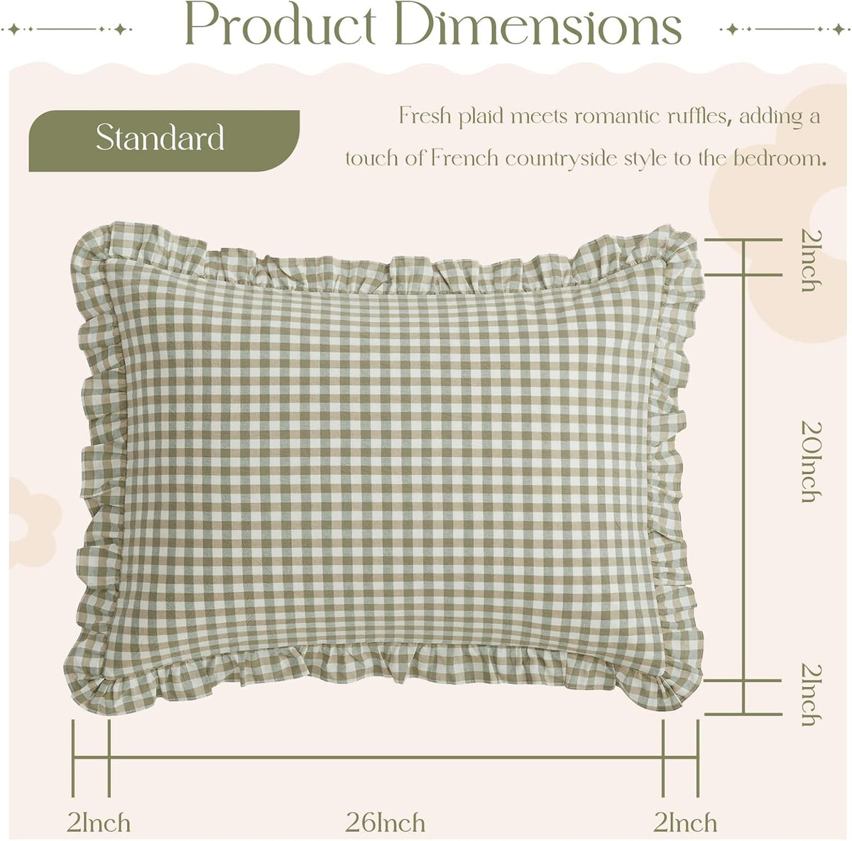 KKJIAF 2 Pcs Plaid Ruffle Pillow Case Standard Size, Sage Green Plaid