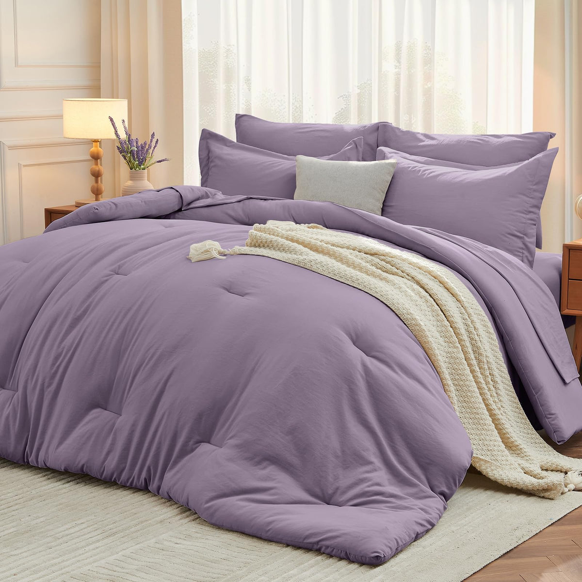 MUXHOMO King Comforter Set 7 Pieces, Soft Bed in a Bag, Beige