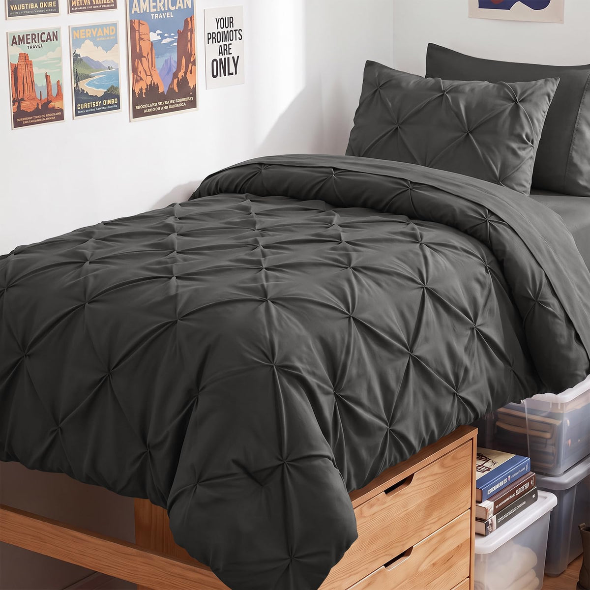 HIMEET Queen Comforter Set Black - 7 Pieces Pintuck Bed in a Bag