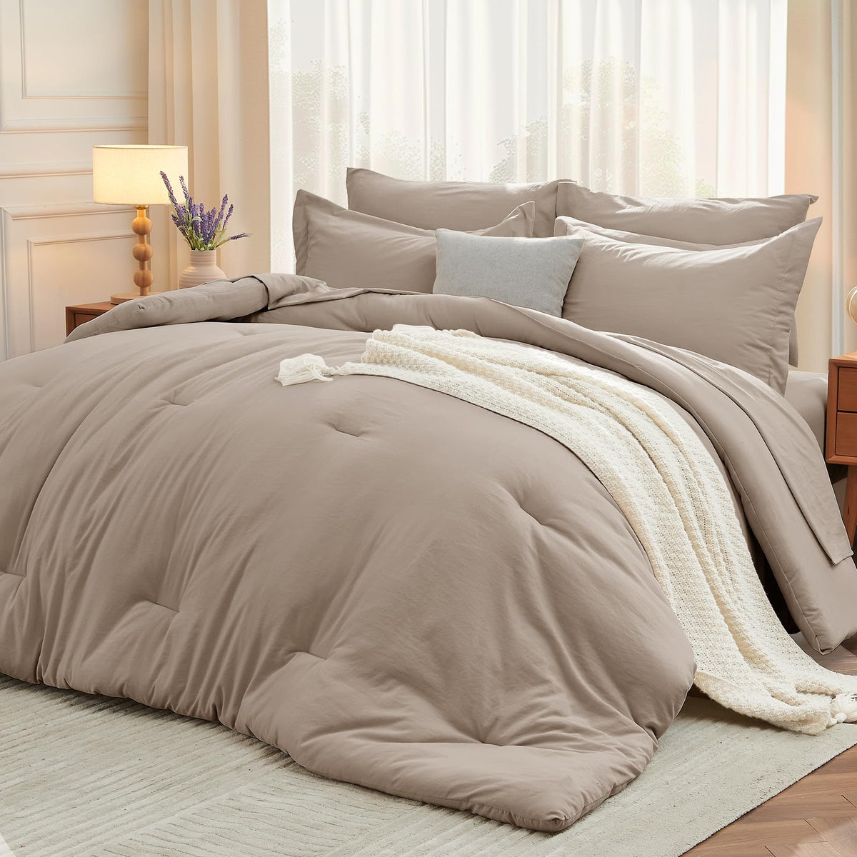 MUXHOMO King Comforter Set 7 Pieces, Soft Bed in a Bag, Beige