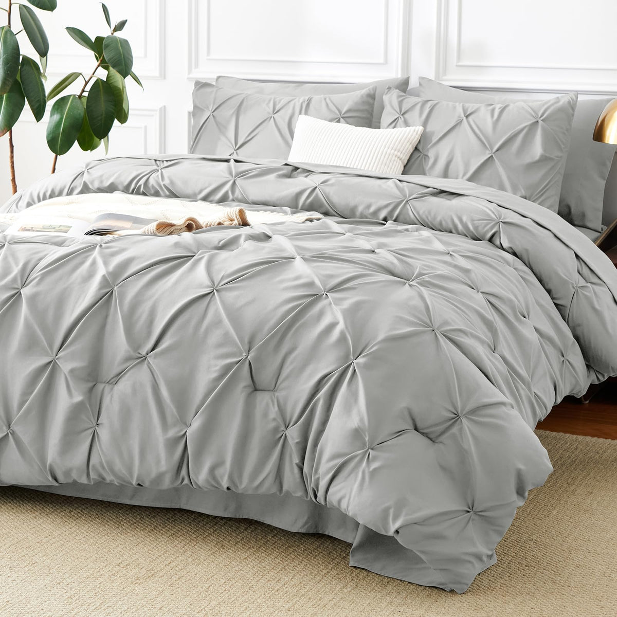 CozyLux Queen Comforter Set Black, 7 Pieces Pintuck Bed in a Bag