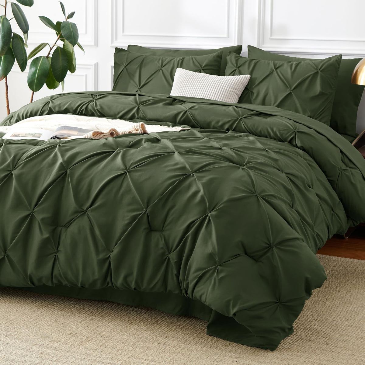 CozyLux Queen Comforter Set Black, 7 Pieces Pintuck Bed in a Bag