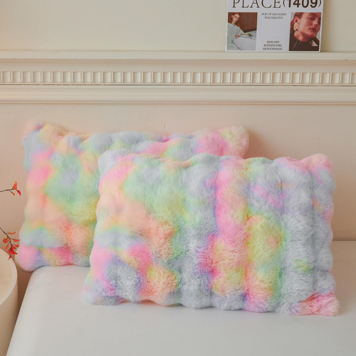 LIFEREVO 2 Pack Fluffy Faux Rabbit Fur Standard Pillow Cases, Beige