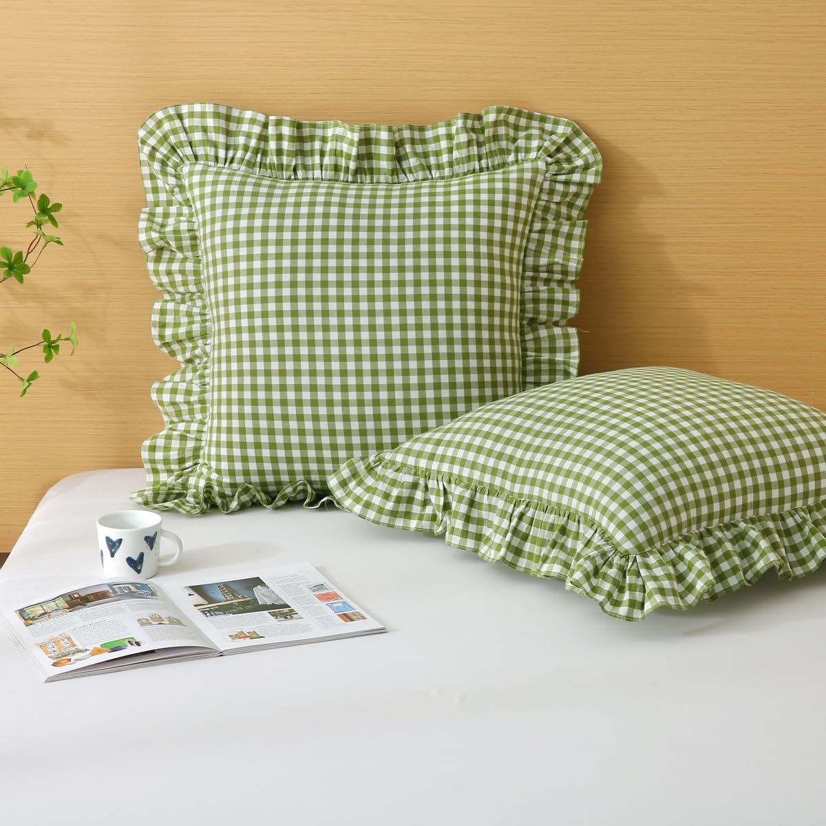 Silnuo Taupe/White Gingham Plaid Ruffled Pillow Covers Queen Size Set of 2