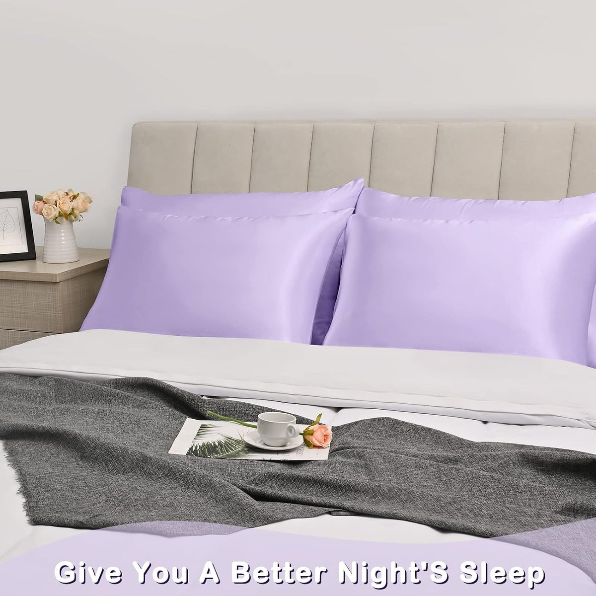 Lavender Purple Silk Satin Pillowcase Set of 2, Soft Satin Pillowcases for Women's Hair, Envelope Closure (20x26 Inches)