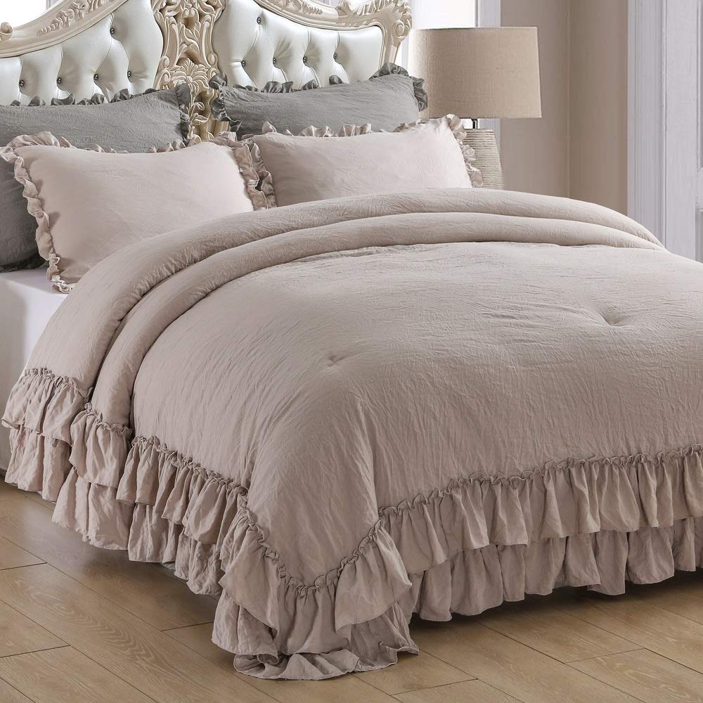 QSH Queen's House Light Blue Farmhouse Ruffled King Size Comforter Set,Lightweight Microfiber Inner Fill Fluffy Boho Chic Bedding Comforter,Ultra Soft Microfiber Inner Fill Bedding