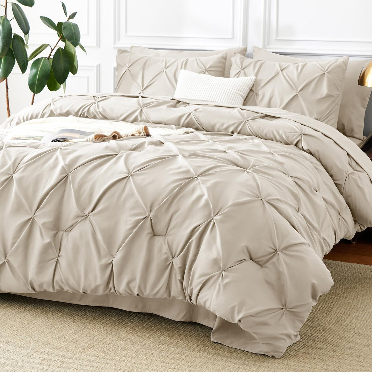 CozyLux Queen Comforter Set Black, 7 Pieces Pintuck Bed in a Bag