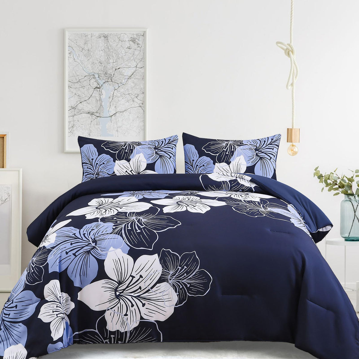Menghomeus Queen Comforter Set, 3 Piece Dark Purple Floral Bedding Sets