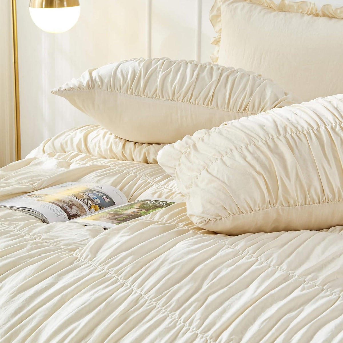 Bonlino Wheat Ruched Comforter Set Queen Size Ruffle Comforter Bedding