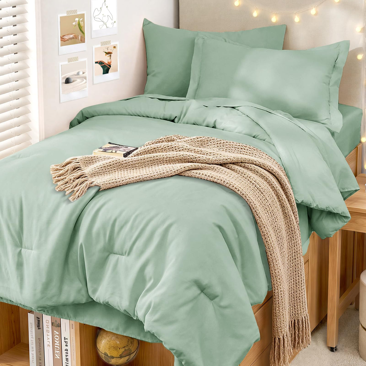 MUXHOMO King Comforter Set 7 Pieces, Soft Bed in a Bag, Beige