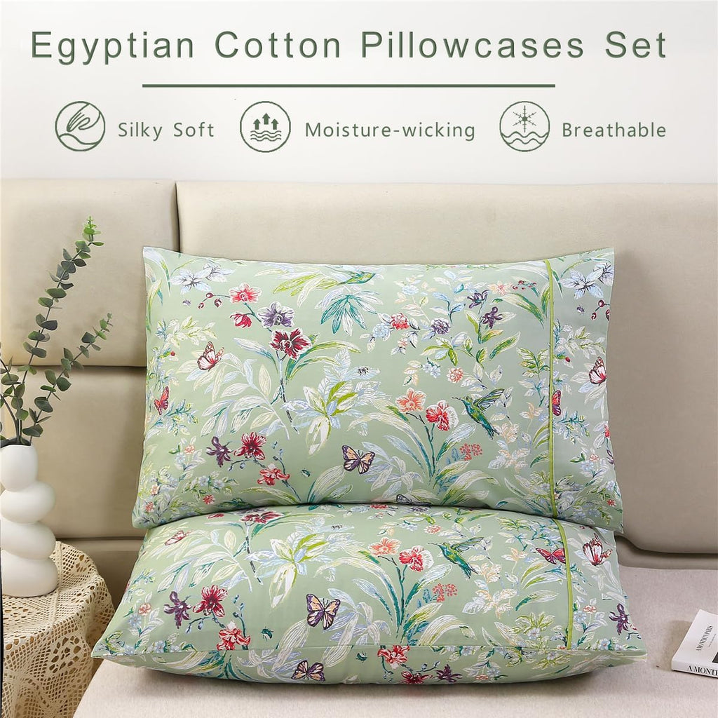 URBONUR 100% Cotton Pillowcases Set of 2 Standard Size Floral Printed Butterfly Pillow Cases Soft Breathable Cooling Pillowcase Decorative Pillow Cover (Standard, 20x26 Inches, Green Flowers)