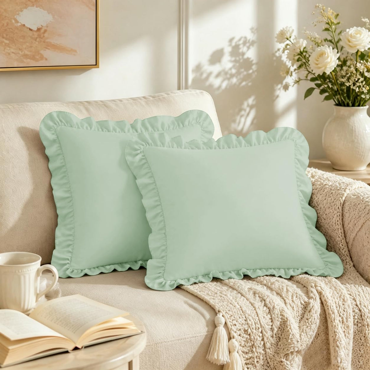 Homiest Ruffle Pillow Cases Standard Set of 2, White, 20x26 in