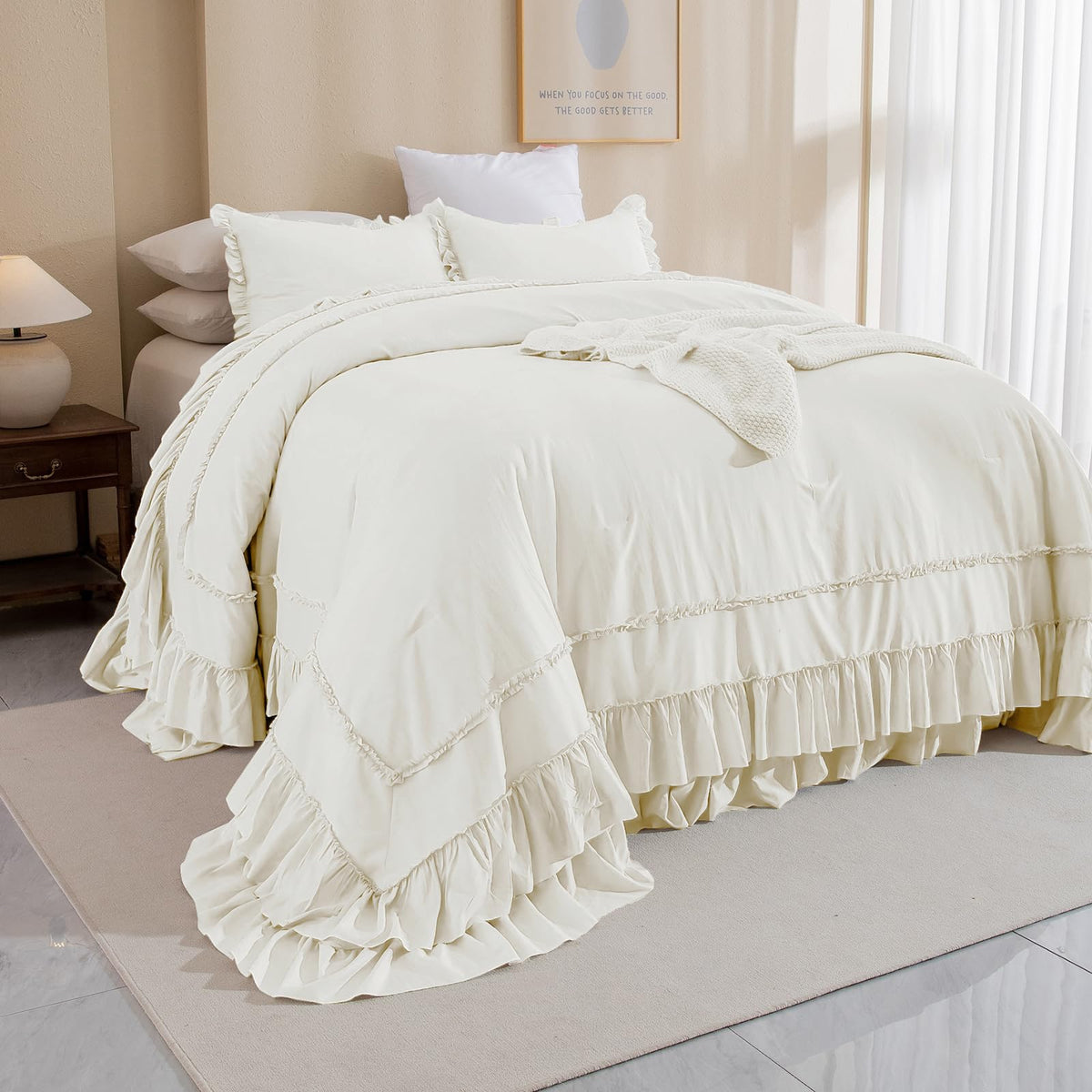 Masaca Ruffled Comforter Set Queen,Farmhouse Shabby Boho Chic Bedding Wheat and White Ruffle Comforter Vintage Rustic French Country Elegant Bedding Set 3PCS