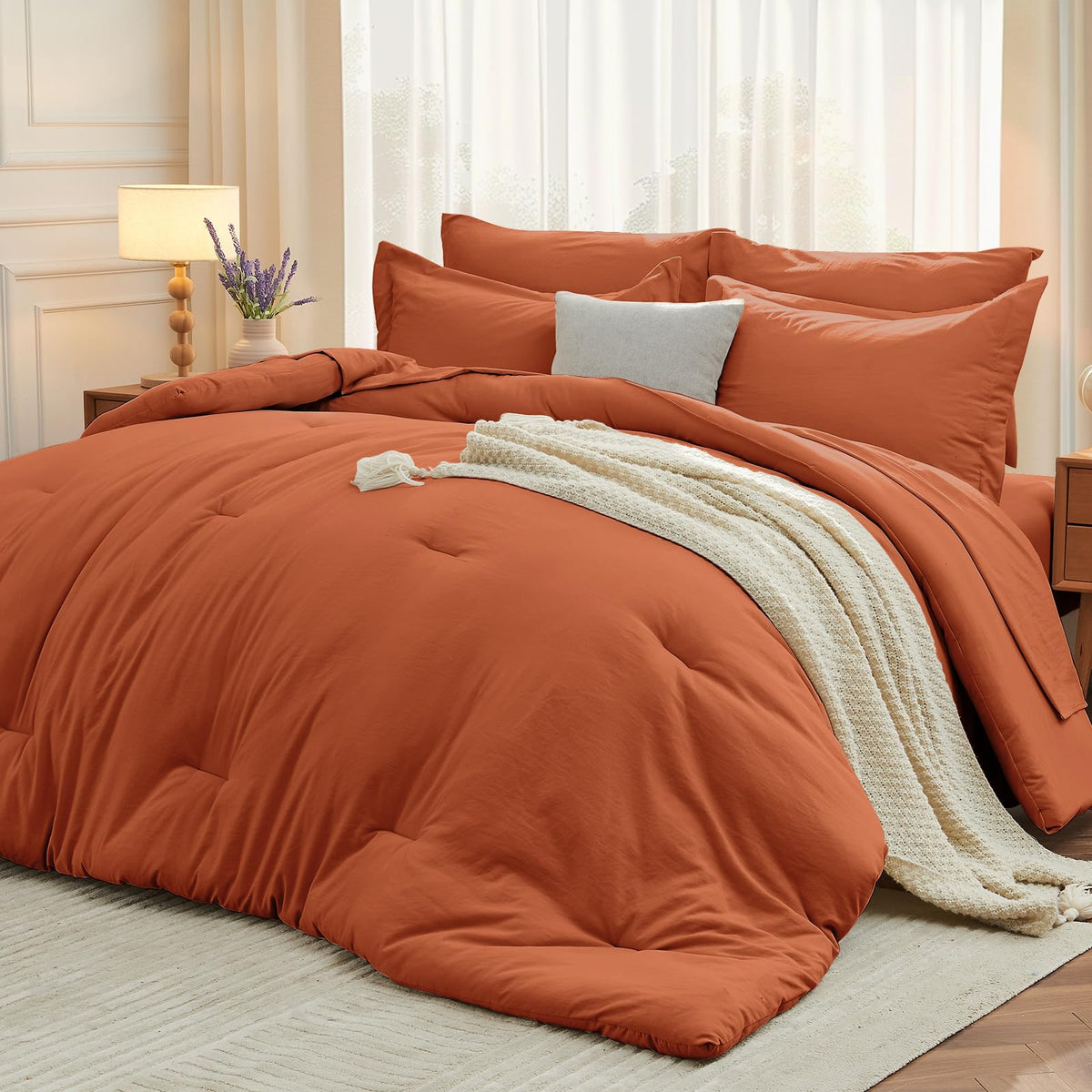 MUXHOMO King Comforter Set 7 Pieces, Soft Bed in a Bag, Beige