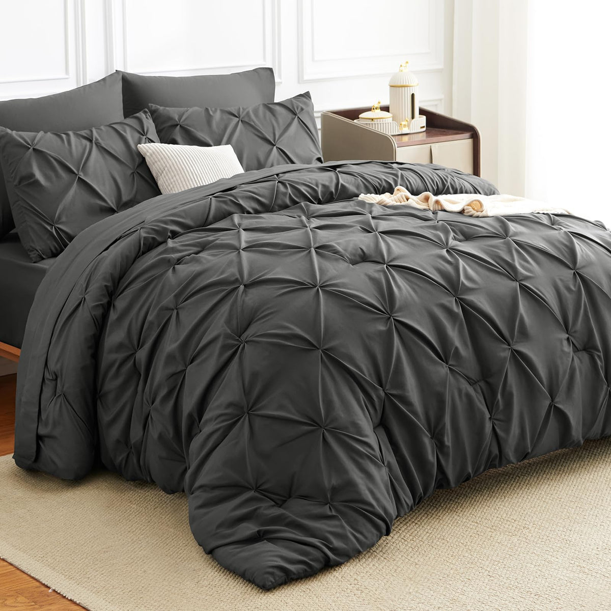 HIMEET Queen Comforter Set Black - 7 Pieces Pintuck Bed in a Bag
