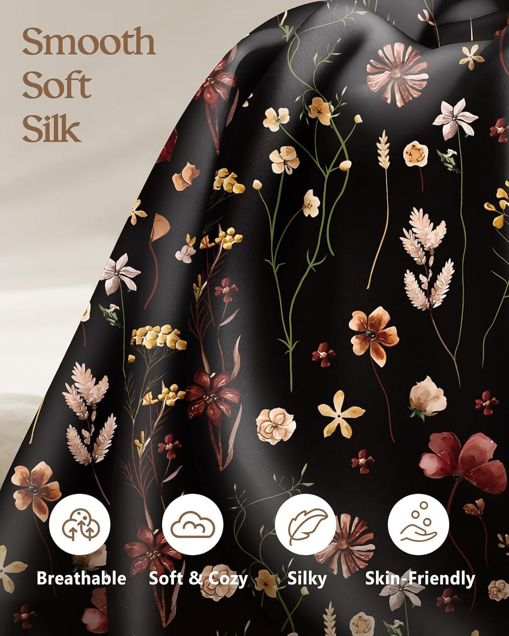 Miss Adola 2pcs Silk Pillowcase with Hidden Zipper, BLK Grow Flower