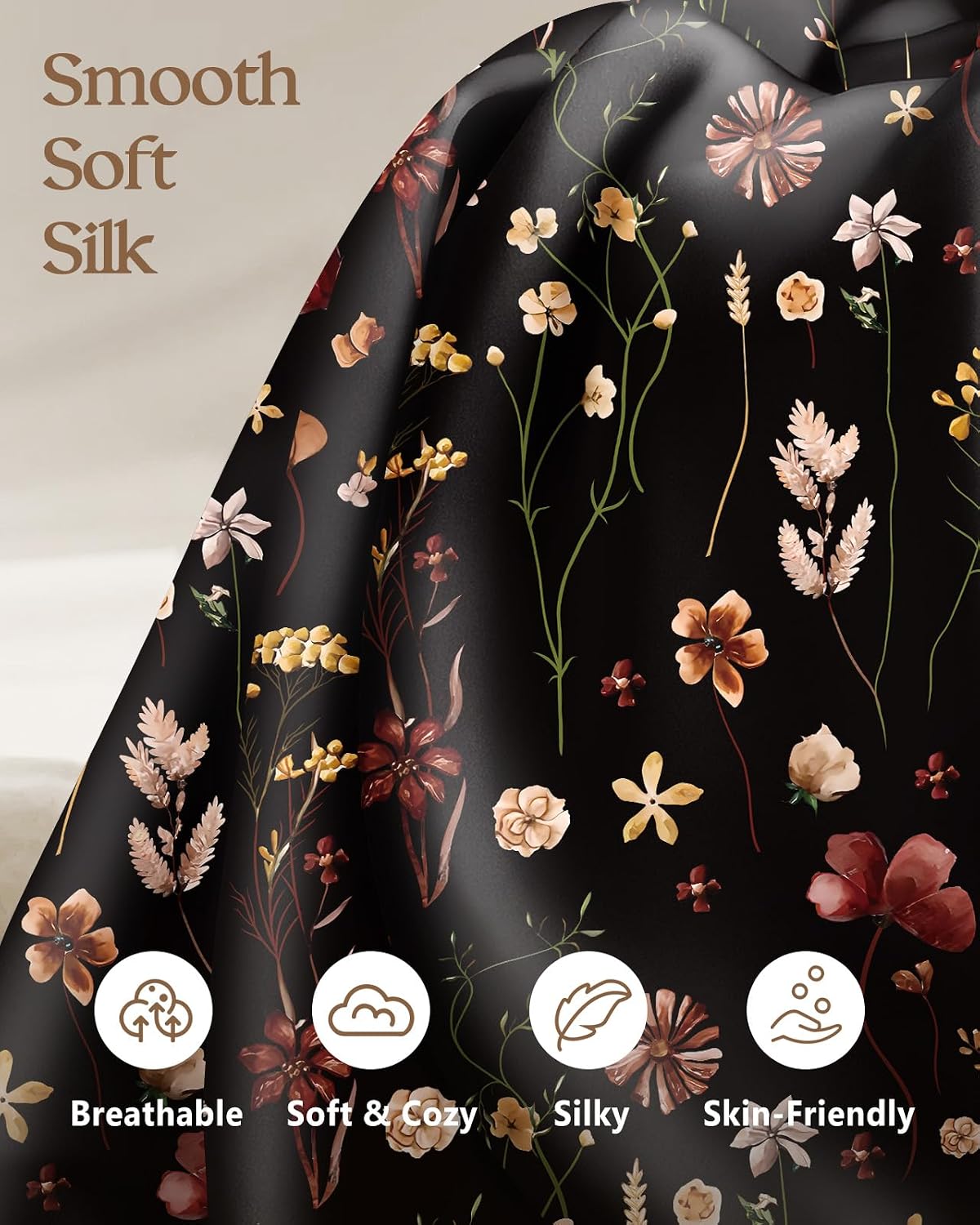 Miss Adola 2pcs Silk Pillowcase with Hidden Zipper, BLK Grow Flower
