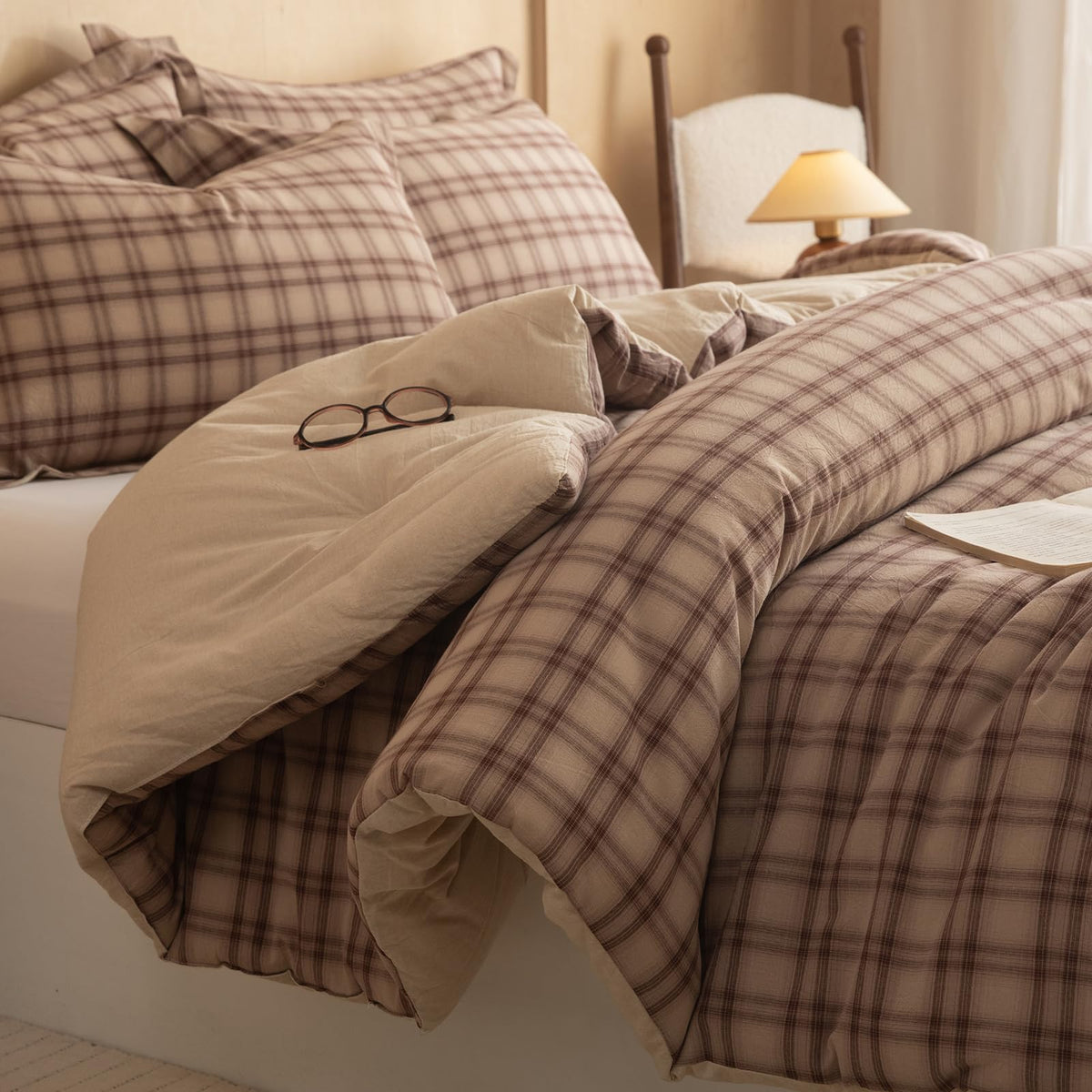 Cyusri Cotton Stripe Full Comforter Set - Soft Lightweight Bedding 3 Pieces Dyed Bed Set with 2 Pillow Shams,Reversible All Season Farmhouse Down Alternative(Full Size 80"x90" Beige)