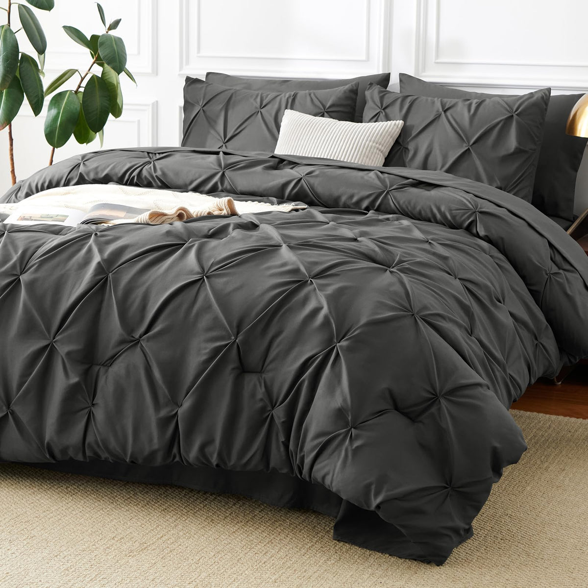 CozyLux Queen Comforter Set Black, 7 Pieces Pintuck Bed in a Bag