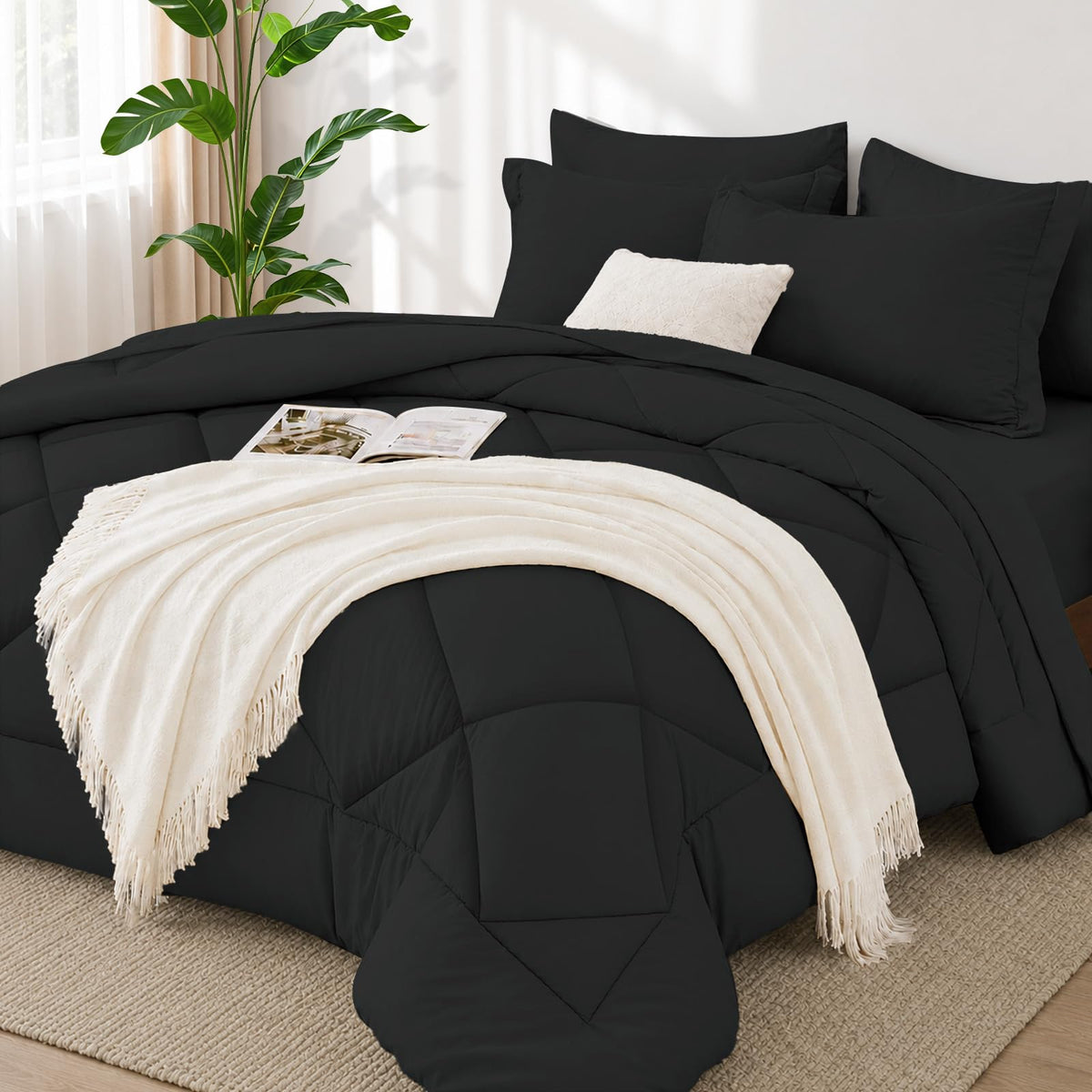 FUANNA Full Size Comforter Sets 7 PCS, Navy Blue Bed Set, Soft Bed in a Bag