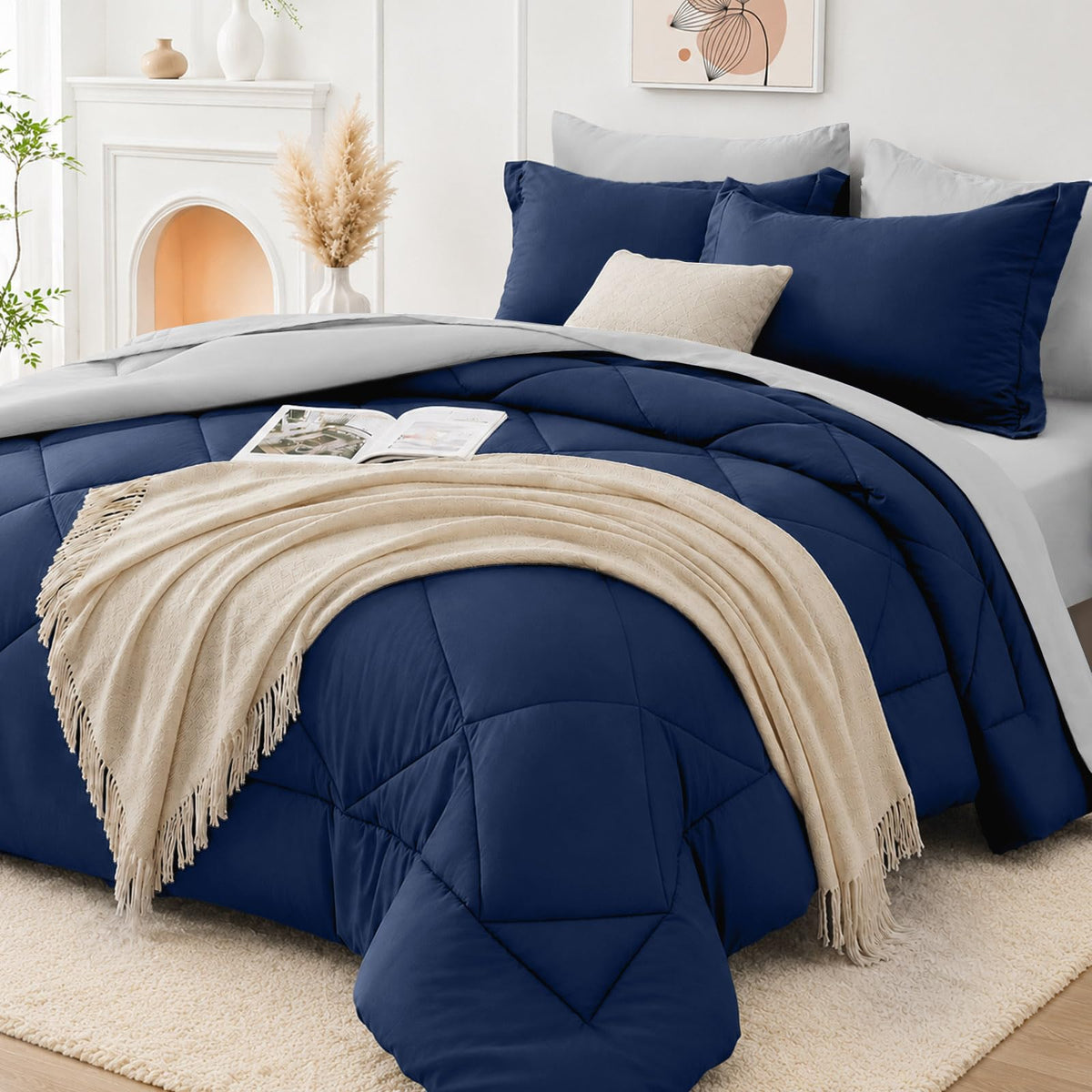 FUANNA Full Size Comforter Sets 7 PCS, Navy Blue Bed Set, Soft Bed in a Bag