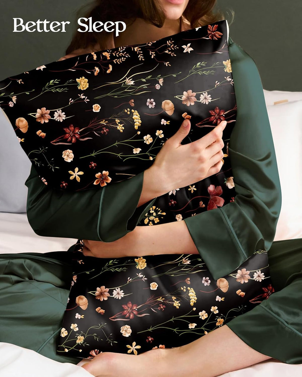 Miss Adola 2pcs Silk Pillowcase with Hidden Zipper, BLK Grow Flower