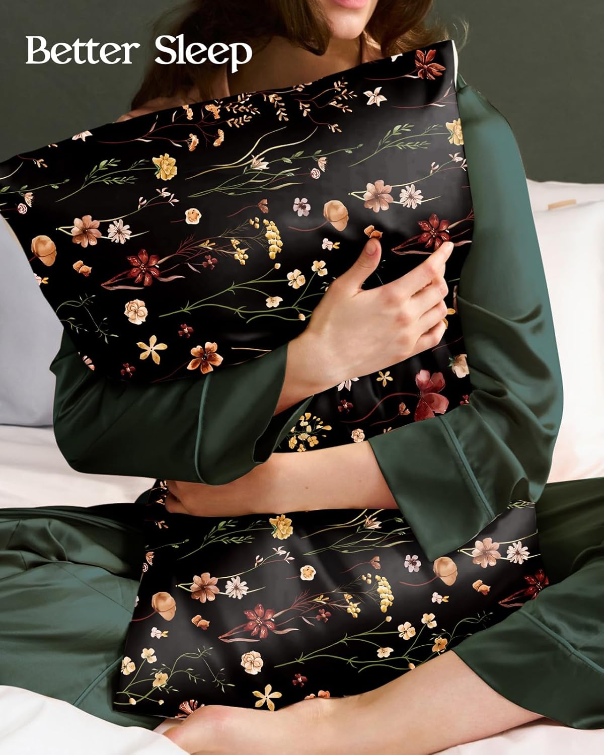 Miss Adola 2pcs Silk Pillowcase with Hidden Zipper, BLK Grow Flower