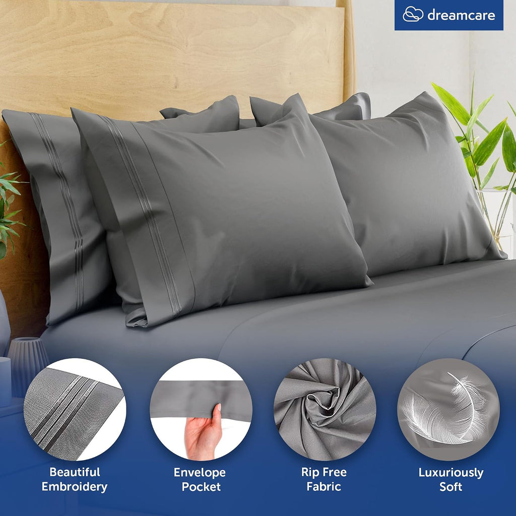 Dreamcare King Pillow Cases Set of 2 - Double Brushed 1500 Luxury Series Microfiber - Envelope Closure, Wrinkle- Free, Cooling Pillow Cases - King Size Pillow Cases Set of 2 (20 x 40, Gray)